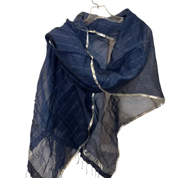 Sete de Jaipur India blue silver metallic trim DUPATTA scarf shawl wrap NEW - Picture 4 of 4